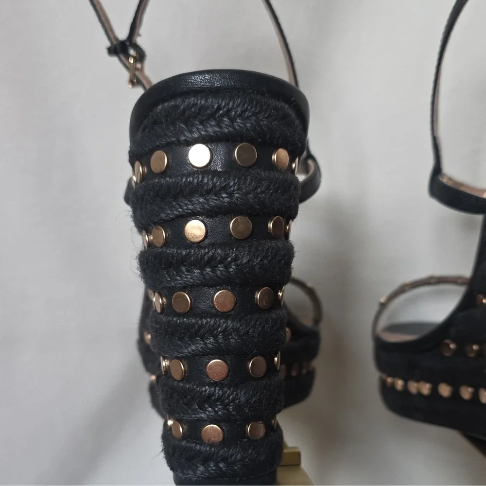BCBGMAXAZRIA Paige Women's Black Calf Leather Studded Wedge 10M
